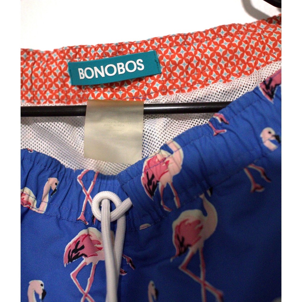 Bonobos Mens Blue Flamingo Print Swim Trunks Mesh Lined Drawstring Shorts - Picture 3 of 4